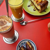 Cheesecake with Date Filling, Nut stuffed Dates, Hot Date milk, Kurkuma Latte at Dattelhaus in Konstanz