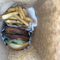 Impossible Burger (modified) + Fries to go   at Burger Rush in Tempe