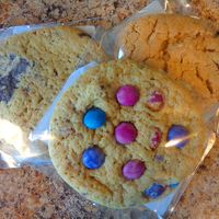 Chocolate Chunk cookie, M&M cookie, Peanut Butter cookie (all vegan) at Compassion Cookie Co in Strongsville