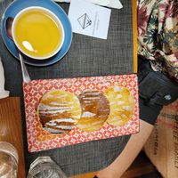 Green Tea and vegan maple pancakes at Caffè dell'Arte Specialty Coffee in Cagliari