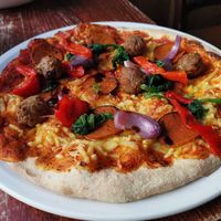 Pizza Vegetariana mad vegan plus adding vegan meatballs and vegan pepperoni at Bella Italia - St Martins Lane in London