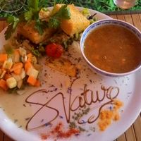 Menu: Polenta, jewish soup, salad. at Saveurs Nature in Perpignan