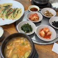 Soy bean paste stew and green onion pancakees  at Korean Soy Silken Tofu 우리콩순두부 in Busan