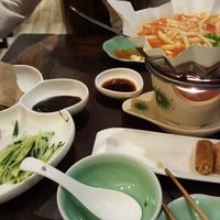Various dishes. The left was their version of Peking duck. at Gan Ye Zi Hotpot - Frankie's Kitchen in Shanghai