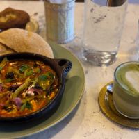 Matcha, GF banana muffin & shakshofu   at Redclay Cafe in Taghazout