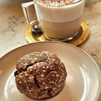 Wonderful oat and raisin cookie, delicious almond chai latte. at Redclay Cafe in Taghazout