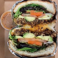 Torta was delicious and made well with jackfruit carnitas, fresh veggies and homemade salsa con chili de árbol.  at Vida Pura in Los Angeles