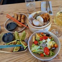 Spring rolls,  gyoza, bao buns 1 tofu with satay sauce & 1 soya mince with hoi sin sauce,  and a side salad. at NASHI in Fuessen