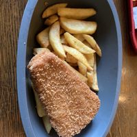 Vegan fish and chips  at Disneyland - Toad Hall Restaurant in Chessy