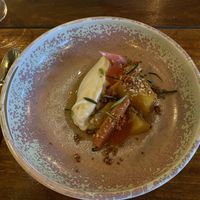 Coconut mousse with rum soaked pineapple and rhubarb  at Sugo in Tauranga