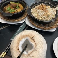 Vegan mackerel, signature rice and fresh coconutt  at Bà Xã in Ho Chi Minh City