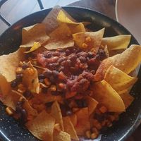 Spicy bean nachos (ask for no cheese or sour cream) at Hickory's Smokehouse in Wilmslow