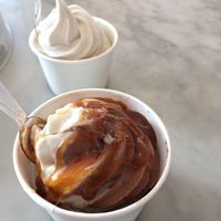 vegan soft serve topped with caramel sauce at Erin McKenna's Bakery in Los Angeles