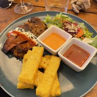 Vegetable fritters with “bacon” and polenta fries   at Le Jardin in Biarritz