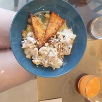 Creamy cauliflour, crispy tofu and corn dish topped with hazelnuts 🌽🌰 at Le Jardin in Biarritz