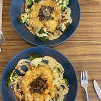 Polenta with with mushrooms, broccoli and a tofu crème. Scoff!   at Le Jardin in Biarritz