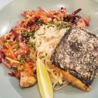 "Fish", rice noodles and veggies at Le Jardin in Biarritz