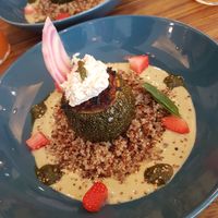 Courgette, asparagus veloute, basil oil pesto, quinoa, strawberry, cant remember what else but stunning.  at Le Jardin in Biarritz