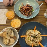 Starters were Houmous and Rice Noodle Salad. House Juice.  at Le Jardin in Biarritz