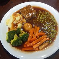 Veg, onion gravy, stuffing. Sauces available. This is the vegan one - vegetarian has a Yorkshire pudding. Decent! But I'd recommend the pub as a music one, not primarily for food. at The Black Bull in Gateshead