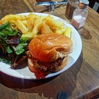 Vegan burger, Tues and Thurs 6pm-9. Good plateful with a drink for £10. Couldn't name the burger, they might make it themselves. Corn, peas, crunchy batter. Good value! at The Black Bull in Gateshead
