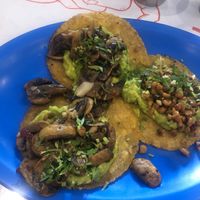 Mushroom and garlic tacos with corn and guacamole tacos. $33 pesos each.  at Taqueria De La Union in Merida