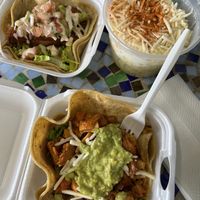fish taco (top left), equites, and pollo asado taco (bottom)  at El Jardin The Vegan Paradise in San Diego