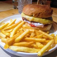 Burger of the day, with vegan mozzarella, and fries. at Rutz in Somma Lombardo