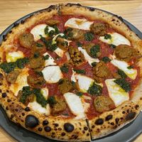 12” vegan Thai spicy chorizo pizza, 380 baht (plus 7% tax)  at Vegano in Bangkok