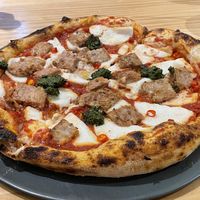 12” vegan spicy kra prow sausage pizza, 380 baht (plus 7% tax)  at Vegano in Bangkok