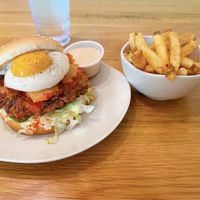 New kimchi burger with the new yo egg — soooooo good!!!!  at Veggie Grill by Next Level in Beaverton