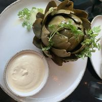 Artichoke with aioli dip   at Motto am Fluss in Vienna