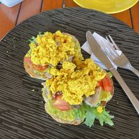 Mushroom and avo on toast (we asked for scrambled tofu on top)  at Cookies Coffee Shop and Foods in Lembongan
