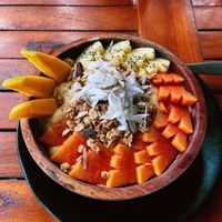Smoothie Bowl with mango, banana, coconut, granola, pineapple and more!  at Cookies Coffee Shop and Foods in Lembongan