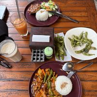 Tempeh steak and sweet chilli tempeh both with rice   at Cookies Coffee Shop and Foods in Lembongan