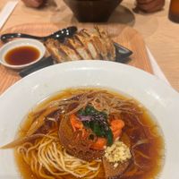 Soy sauce ramen and miraton ramen with a ten piece gyoza  at Ippudo 博多 一風堂 Plant Based Studio in Tokyo