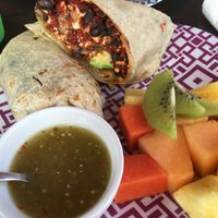 Soyrizo breakfast burrito veganized  at Salud Super Food in Puerto Vallarta