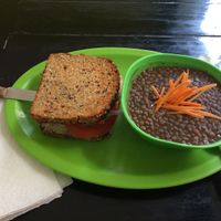 vegan white bean spread sandwich with lentil soup (cost about $5.50) at Salud Super Food in Puerto Vallarta