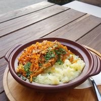 Soybean curd with mashed potatoes at Carob Restaurant in Amman
