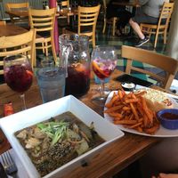 Sangria, ramen bowl, and super tasty meat bowl sub with sweet potato fries at The Cafe in Key West