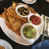 Chips and guac, salsa, and black bean and corn dip at Bella Vida Cafe in West Cape May