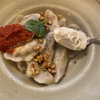 Vegan vareniki with vegan cream cheese and salsa  at Café Datscha in Berlin