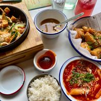 Bibimbap, tteokbokki, and fried cauliflower/tofu at Kkokki Vegan House in Hamburg