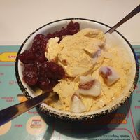 Dessert with vanilla Ice cream, beans and mochi at Kkokki Vegan House in Hamburg