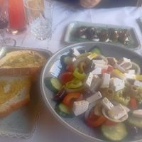 Vegan greek salad and Stuffed grape leaves and vegan mayonnaise sauce at The Old Village in Kefalonia