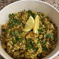 Vegan "paella" with seitan and mushrooms. Not my cup of tea.  at Organic Ume in Barcelona