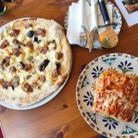 Mozzarella Pizza with mushrooms and sausages and  Lazanja at Humus Vegan Tenerife in Tenerife