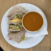 FRESH HOMEMADE SOUP OF THE DAY SERVED WITH A CRUSTY ROLL (and vegan cheese sandwich)   at Caulders Garden Centres in Cumbernauld