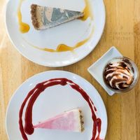 Raw cappuccino tart, berry tart, and soy iced cream with chocolate sauce.  at Raw8 Cafe in Osaka