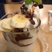 Delicious parfait with soy milk ice cream, bananas and vegan chocolate! at Raw8 Cafe in Osaka